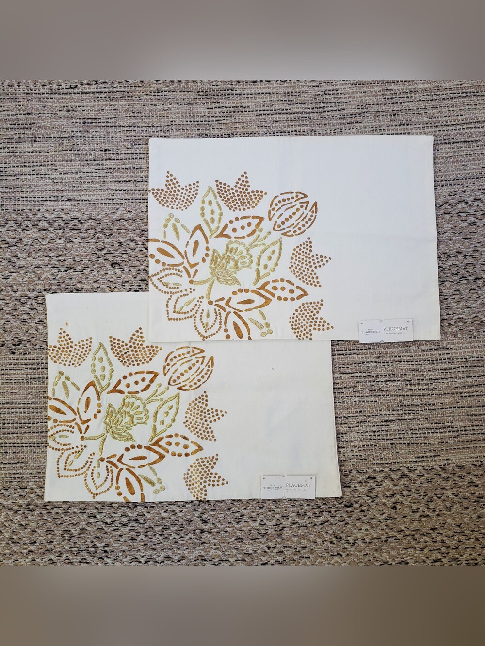Floral Stenciled Cotton Placemats - White with Gold & Sage